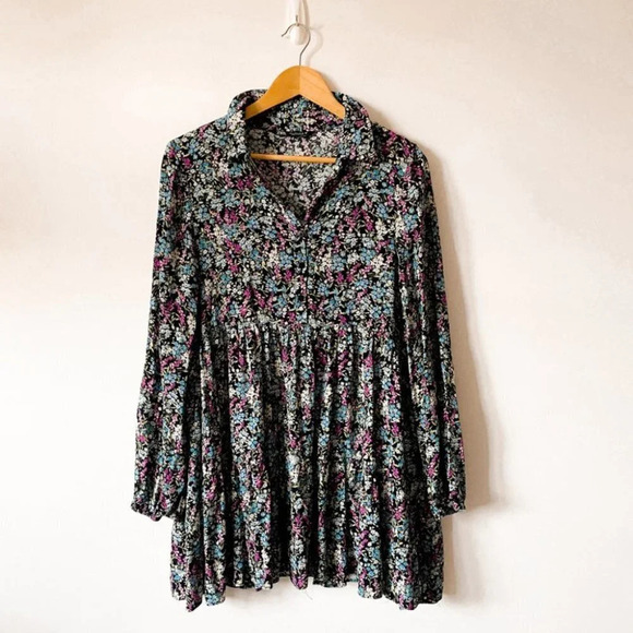 Zara Ditsy Floral Long Sleeve Babydoll Shirt Dress Size Large - Picture 3 of 7
